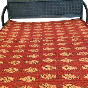 Mogulinterior - Fish Print Cotton Bedspread, Queen Size - Handloom Cotton