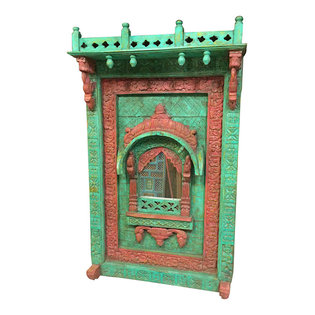 Mogul Interior - Consigned Arched Mirror Frame Jharokha Wall Decor Red Green Patina - Add a warm, colorful look to your wall or dressing area with this Jharokha Style carved wood wall hanging decors. This beautiful-looking hand carving Jharokha with Mirror Works.