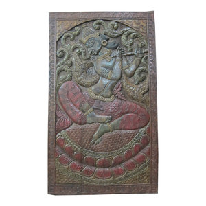 Mogul Interior - Hand Carved Fluting Krishna Carving Wall Hanging Panel - Hand carved wall panels of Krishna dancing under the Kadambari tree on the double lotus flower base from India.