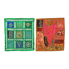 Mogul Interior - Indie Decor 2 Red Green Sequin Patchwork Sari Indian Cushion Covers 16 Inches - The ethnic combination of gujrati embroidery and stunning vibrant colors, sari tapestry patchwork and sequin embroidered that shows India's rich cultural heritage.