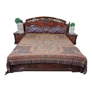Mogul Interior - Throw Orange Self Design Indian Jamawar Bedspreads King Sz - Gorgeous & intricate ethnic medium orange and blue reversible warm jamavar wool Indian bedspread bed cover in exquisite huge swirling floral paisley motifs from India.