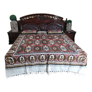 Mogul Interior - India Inspired Bed Cover 3pc Authentic Handloom Galicha Cotton Bedspreads Pillow - Authentic hand block printed, hand loomed cotton bedspreads.Variation and color runs are an inherent part of the hand crafting process.