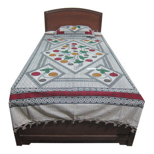 Mogul Interior - Bedspread Floral Print Indian Cotton Home Decor Single Bedcover Twin Size - Authentic hand block printed, hand loomed cotton bedspreads.Variation and color runs are an inherent part of the hand crafting process.