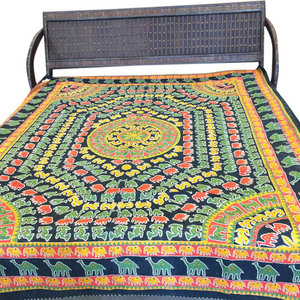 mogulinterior - India Inspired Bedding, Elephant Printed, Yellow Green, Cotton - Handloom Cotton