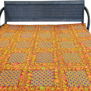 Mogulinterior - Indian Inspired Bedspread, Hand Embroidered Ethnic Vintage Sari, Cotton - Vibrant multicolor hand embroidered work adds to the glitter adorn various motifs cotton vintage sari hues of Orange, Blue, Yellow and Golden Color bedspreads.