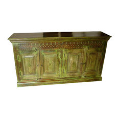 Mogul Interior - Consigned Distressed Wood Green Antique Indian Sideboard - Accent Chests And Cabinets
