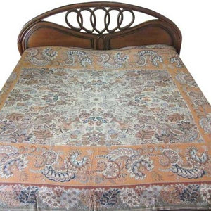 Mogul Interior - Pashmina Bedspreads Indian Bedding Blanket Rust Floral Reversible Throw - Gorgeous and intricate Orange, Beige and Navy Blue Reversible Warm Jamawar Wool Indian Bedding
