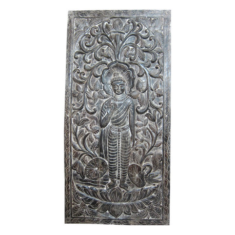 Mogul Interior - Hand Carved Wood Buddha Floral Intricately Carving Door Wall Art Decor - Wall Decor