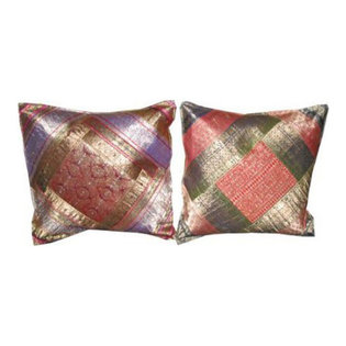 Mogul Interior - Home Decor Pink Silver Sari Silk Pillow Cushion Covers, Set of 2 - *2 gorgeous vintage silk sari cushion covers in stunning multi colors in daimond patteren.