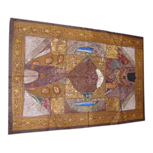 Mogulinterior - Brown Wall Tapestry Beaded Patchwork Sari Throw - Fine Vintage Indian Sari Crazy Wall Tapestry Throw.