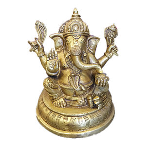 Mogul Interior - Seated Handmade Ganesha Brass Statue Ganesh Ganpati Hindu Religious Gift - Ganesha Statue Hindu Elephant Head God Brass Copper Sculpture.