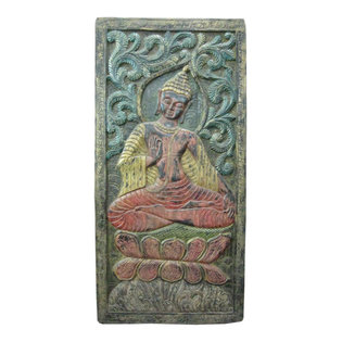 Mogul Interior - Consigned Indian Wall Panel Distressed Wood Hand Carved Buddha Door Panel - The Buddha seated on double lotus base hand carved colorful door panel from India.