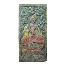 Mogul Interior - Consigned Indian Wall Panel Distressed Wood Hand Carved Buddha Door Panel - The Buddha seated on double lotus base hand carved colorful door panel from India.