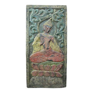 Mogul Interior - Consigned Indian Wall Panel Distressed Wood Hand Carved Buddha Door Panel - The Buddha seated on double lotus base hand carved colorful door panel from India.