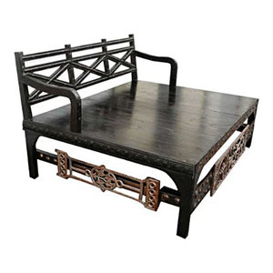 Mogul Interior - Antique WOODS Rustic Brass Accents Plantation Daybed Hand Crafted Furniture - The NEW Daybed comes from India and is made from ox cart remnants, a reproduction of vintage diwan, reminiscent of the British colonial era, brand new