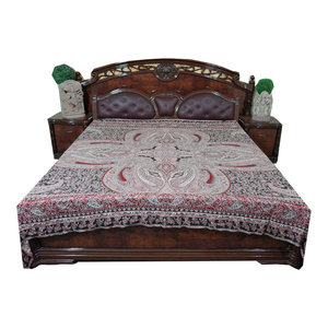 Mogul Interior - Indian Bedding Cashmere Dark Red Paisley Jamavar Bedspread Throw - Wool Blends with Rayon