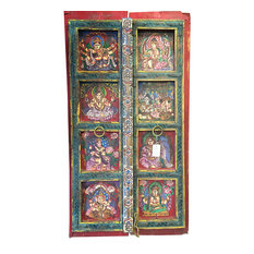 Mogul Interior - Consigned Shiva Parvati Ganesha Kartikeya Distressed Painted Door Panels - Rich with history and detail these set of doors will accent beautifully any room.