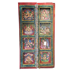 Mogul Interior - Consigned Shiva Parvati Ganesha Kartikeya Distressed Painted Door Panels - Rich with history and detail these set of doors will accent beautifully any room.