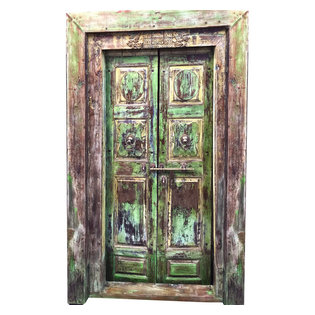 Mogul Interior - Consigned Reclaimed Teak Wood Door & Frame Historic Indian Furniture - Rich with history and detail these set of doors will accent beautifully any room.indian style Indian doors Frame are extremely strong, long lasting and secure.
