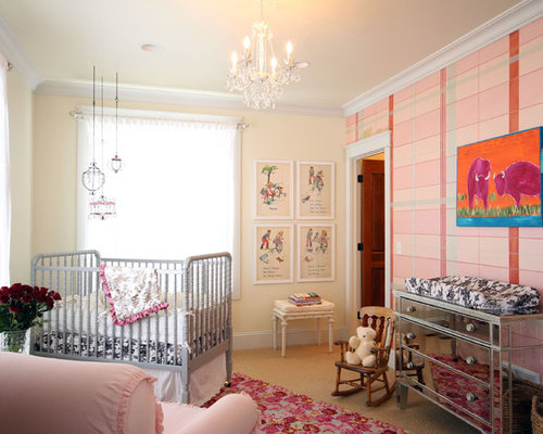 Eclectic Nursery Dublin Inspiration for an eclectic nursery remodel for girls with pink walls and carpet