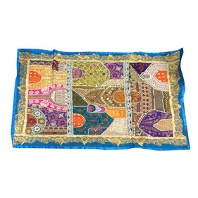 Mogul Interior - Consigned Real Room Inspiration Wall Hanging Tapestry - Traditional ethnic Room Decor handmade wall hanging tapestry has Indian Blue colors with silver,gold sparking beads,green patches.