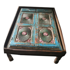 Mogul Interior - Consigned Blue Hand-Carved Old Spanish-Style Antique Coffee Table - Coffee Tables