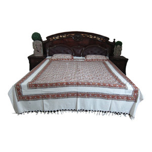 Mogul Interior - Indian Bedding Cotton Kalamkari Design Bedspreads 2 Pillows Boho Paisley Design - This bedspread set comes to you from India.Elegant red, yellow floral printed white base handloom cotton bedspread.