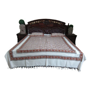 Mogul Interior - Indian Bedding Cotton Kalamkari Design Bedspreads 2 Pillows Boho Paisley Design - This bedspread set comes to you from India.Elegant red, yellow floral printed white base handloom cotton bedspread.