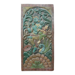Mogul Interior - Consigned Ethnic Wall Panel Reclaimed Wood Radha Krishna The Eternal Lovers - Hand carved wall panels of Krishna and Radha dancing under the Kadambari tree on the double lotus flower base with peacock.