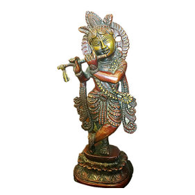 Mogul Interior - Indian Statue Fluting Krishna Brass Sculpture God of Love Divine Joy Idol Figuri - Beautiful Statue of Krishna Playing the Flute Religious and decorative copper finish brass figurines.