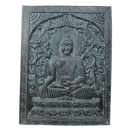 Mogul Interior - Consigned Indian Decor- Hand Carved Earth Touching Buddha Door Wall Hanging - Wall Sculptures