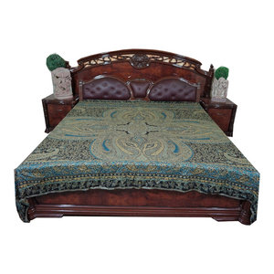 mogulinterior - Mogul Pashmina Blanket Bedding Turquoise Blue Bedspreads hrow King Sz - Wool Blends with Rayon