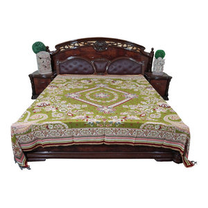 Mogul Interior - Mogul Moroccan Bedding Pashmina Wool Pear Green Floral Blanket Throw - Gorgeous & intricate ethnic medium parrot green and red reversible warm jamavar wool Indian bedspread bed cover in exquisite huge swirling floral paisley motifs from India.