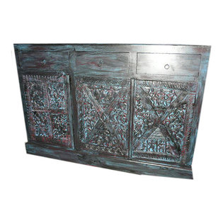 Mogul interior - Consigned Sideboard Chest Bastar Tribal Old World Hand Carved Furniture - Create the ambience of an old country cottage with the richly painted wood sideboard.