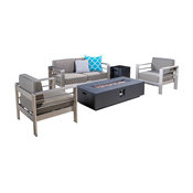 GDF Studio 5-Piece Coral Bay Outdoor Khaki Chat Set and Fire Table, Set, Gray