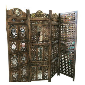 Mogulinterior - Consigned Antique Room Divider Screen Panel Floral Hand Carved Four Panel Solid - Rustic solid teak wood wall panel,very unusual and rare collectors item.
