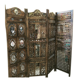 Mogulinterior - Consigned Antique Room Divider Screen Panel Floral Hand Carved Four Panel Solid - Rustic solid teak wood wall panel,very unusual and rare collectors item.