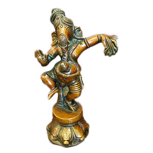 Mogul Interior - Goodluck Ganesh Figurine Brass Statue Dancing Ganesh Hindu Sculpture Yoga Gift - Dancing SriGanesha on Flora base Brass Statue 6 Inch from India.