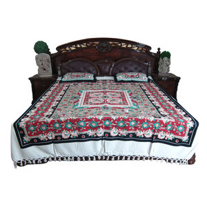 Mogulinterior - 3pc Boho Indian Bedding Tapestry Cotton Bedspreads Pillows - Authentic hand block printed, hand loomed cotton bedspreads.Variation and color runs are an inherent part of the hand crafting process.