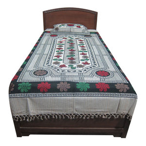 Mogul Interior - Indian Bed Cover Floral Printed Cotton Bedding Bedspread Twin Sz - Authentic hand block printed, hand loomed cotton bedspreads.Variation and color runs are an inherent part of the hand crafting process.