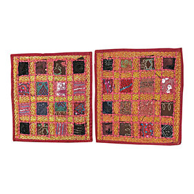 Mogul Interior - Indian Cushion Covers Maroon Embroidered Pillow Cover Throw Bohemian Home Decor - The ethnic combination of gujrati embroidery and stunning vibrant colors, sari tapestry patchwork and sequin embroidered that shows India's rich cultural heritage.