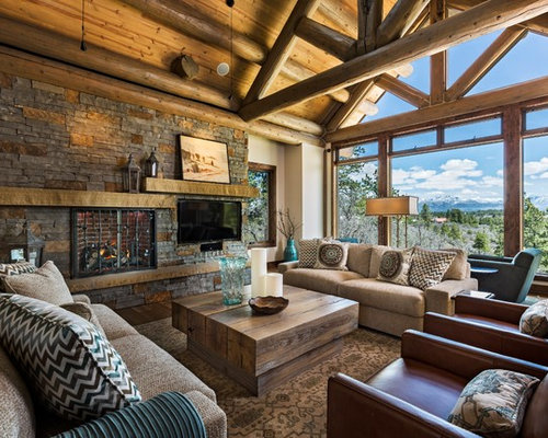 Rustic Living Room Design Ideas, Remodels & Photos with a Wall-Mounted ...
