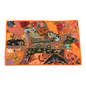 Mogulinterior - Indian Vintage Style Wall Hanging Tapestry Embroidery Sequins Bohemian - Orange Patchwork Sari tapestries are handmade from vintage embroidered saris and