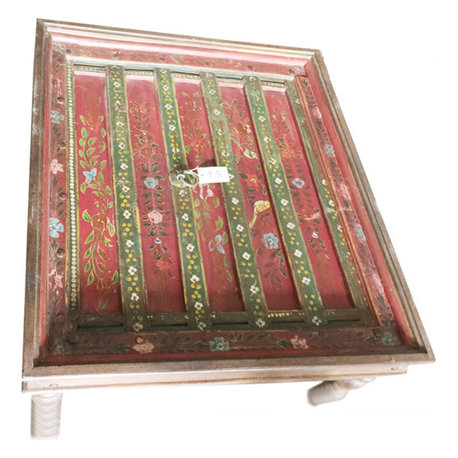 Mogul Interior - Consigned Red Floral Hand-Painted Square Coffee Table - Coffee Tables