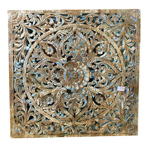Mogul Interior - Consigned Hand Carved Lotus Wall Panel, Blue Patina Floral Carving - Shop for unique retro, one-of-a-kind items in Furniture on our online store.........