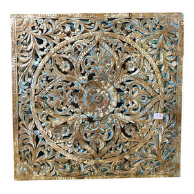 Mogul Interior - Consigned Hand Carved Lotus Wall Panel, Blue Patina Floral Carving - Shop for unique retro, one-of-a-kind items in Furniture on our online store.........