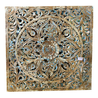Mogul Interior - Consigned Hand Carved Lotus Wall Panel, Blue Patina Floral Carving - Shop for unique retro, one-of-a-kind items in Furniture on our online store.........
