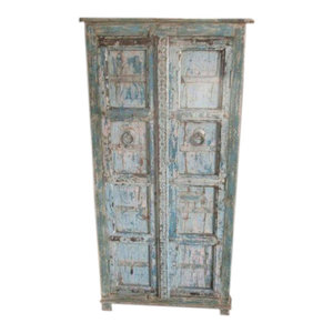 Mogul Interior - Consigned Cabinet Reclaimed Distressed Blue Patina Indian Furniture Armoire - The cabinet comes from India and is a 19th century vintage piece in great condition.