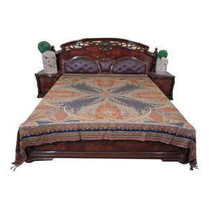 Mogul Inerior - Indian Bedspread Orange Blue Reversible Blanket Coverlet Throw King - Gorgeous & intricate ethnic medium orange and blue reversible warm jamavar wool Indian bedspread bed cover in exquisite huge swirling floral paisley motifs from India.