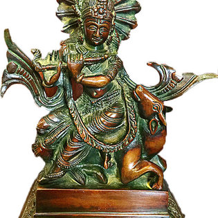 Mogul Interior - Hindu Idol Lord Krishna Statue for Temple Decor Brass Sculpture From India - Krishna with Grazing Cow Brass Statue in brass finish from India.